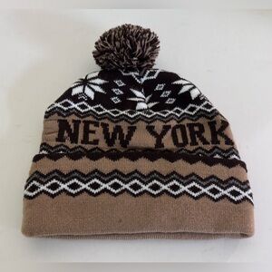 New York Brown and White Knit Pom Beanie